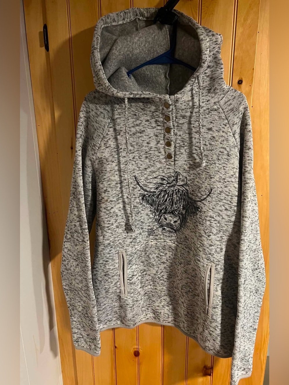Heather Gray Hooded Pullover with Highland Cow Graphic